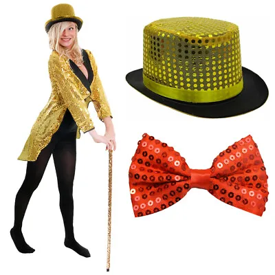 £19.99 • Buy Gold Sequin Tailcoat Top Hat And Red Bow Tie Halloween Fancy Dress Dance Costume