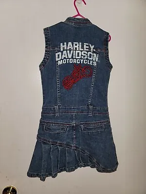 Girls Dress Size 5 Vintage Harely Davidson Denim Zip Logo B11 • £32.13