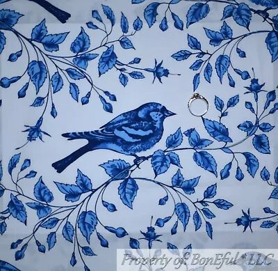 BonEful FABRIC FQ Cotton Quilt White Blue Cobalt Bird Branch Tree Leaf Flower UK • $7.18