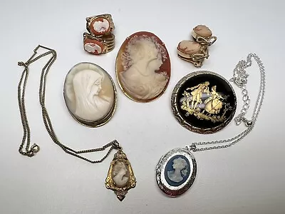 Vintage Jewelry Lot Of 7 Cameo’s Brooches Gold Filled Necklace Clip On’s • $29