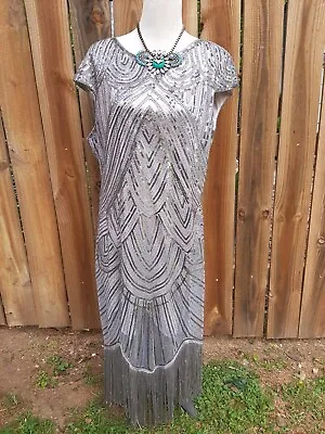 Fundaisy  Gray Silver Sequin Beaded Fringe Flapper Roaring 20's Dress 3xl • $28.77