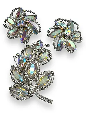 WEISS AB Rhinestone DEMI PARURE Clip On & Brooch Flower Leaf Navettes Bling Sign • $129.99