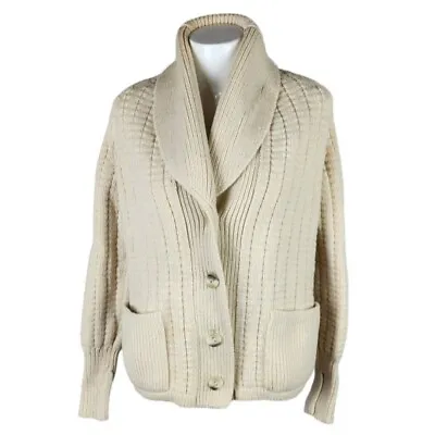 Vintage Virgin Wool Shawl Collar Cardigan Button Front Patch Pockets Cream Med • $74.49