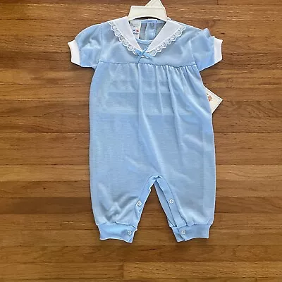 Vintage Triplets Baby 6 Months Girl Light Blue Romper Lace Collar Short Sleeve • $12.99