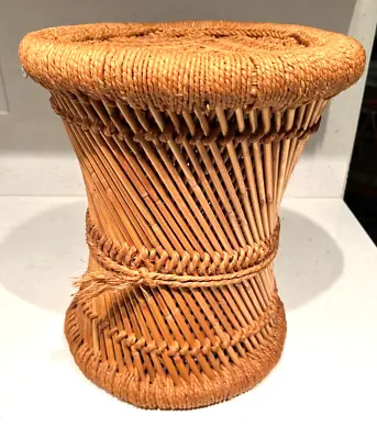 Vintage Boho Chic Woven Rattan / Reed / Bamboo & Rope Stool Palm Beach Mcm • $44.95