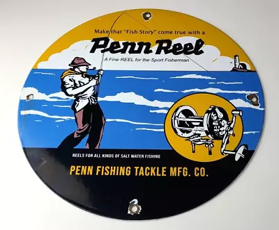 Vintage Penn Saltwater Reels Sign - Fishing Lures Gas Oil Service Porcelain Sign • $142.37