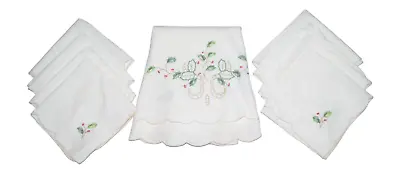 Vintage Round Tablecloth 8 Napkins Table Linen White Embroidered Holly Handmade • $44.99