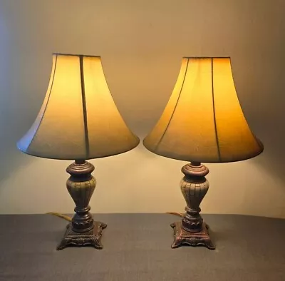 LAMPS A Pair Of Bedroom 18 H  Brown/Green Ceramic & Metal W/Shades Vintage • $99