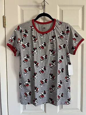 WOMENS Red Trim Minnie MOUSE ALLOVER RINGER T-SHIRT DISNEY STORE NWT Size Medium • £28.94