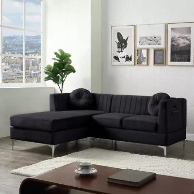 Modern Velvet Sectional Sofa Chaise With USB Charging Port And 2 Accent Pillows • $957.41