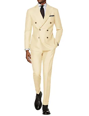 2 Pcs Men's Light Yellow Suit Double-breasted Notch Lapel Blazer With Pants • $93.99