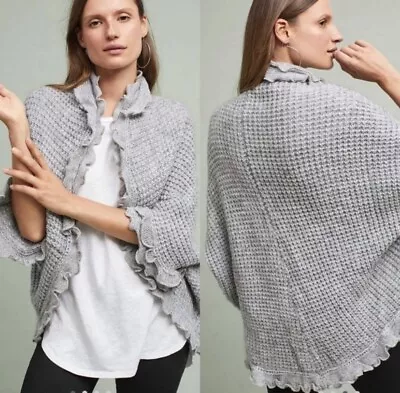 Anthropologie MOTH Grey Rocia Ruffled Knit Open Cardigan Cocoon Sweater Size M • $22