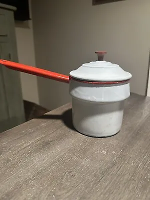 ENAMELWARE Vintage Cream & Red Rim DOUBLE BOILER With Lid. Missing Bottom Pot • $10