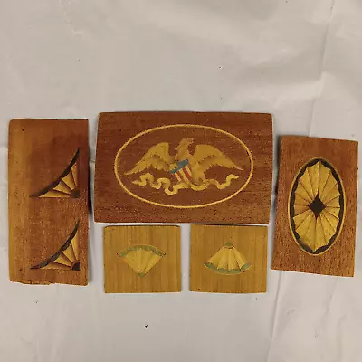 Five Vintage Wood  Inlay Veneer Pieces Furniture Repair American Eagle Fan Shell • £12.16