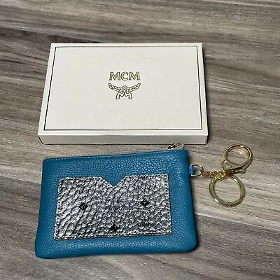 NEW NWOT NIB MCM Silver Teal Leather Card Case Keychain Wallet • $89