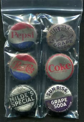 6 Vintage Soda Bottle Caps  (2) Pepsi (2) Sunrise Grape Milde's Special Coke • $9.95