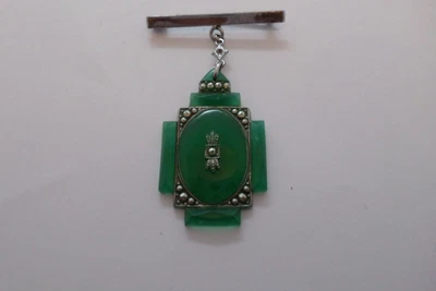 £60 • Buy Vintage Art Deco Green Bakelite & Marcasite Hanging Brooch