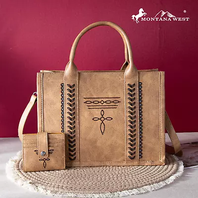 Montana West Whipstitch Concealed Carry Tote With Matching Bi-Fold Wallet Brown • $69.99