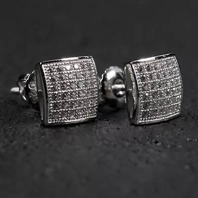 Mens Iced Cz Small Sterling Silver Micro Pave Stud Screw Back Hip Hop Earrings • $22.99