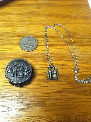 Vintage Pewter Trinket Box Pin Earrings Necklace Pilgrims Pioneer Children • $14.49