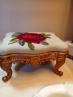 Vintage/Antique/Victorian Cast Iron Foot Stool With Rose Needlepoint Motif • $89