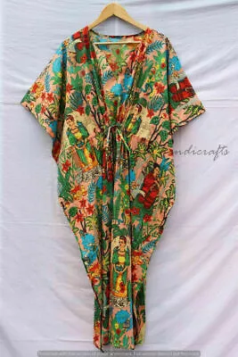 Indian Peach Frida Kahlo Print Cotton Hippie Maxi Women Nightwear Caftan Dress • $22.55