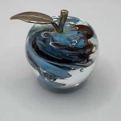 Vintage Modern Glass Apple Paperweight Two Inch With Metal Leaf Blue Swirl • $19.96