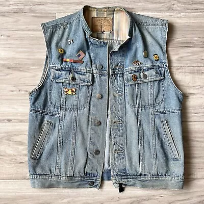 Vintage Denim Jean Vest Mens USA  Harley Davidson Patches  Pins Customized Med • $30