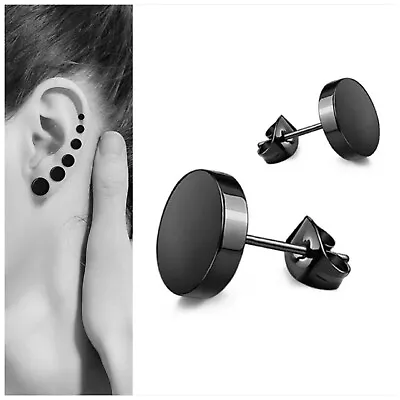 Pair Stud Black Earrings Round Surgical-grade Stainless Steel Men/Women • £3.20