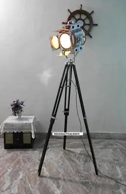 Vintage Classic 1950 S Black Wooden Tripod Floor Lamp Chrome Finish Spot Light • $301.64