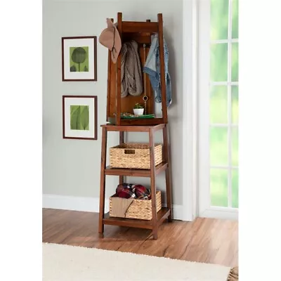 Linon Aila Wood Swivel Coat Rack With Mirror Shelves And Baskets In Cherry Brown • $145.97
