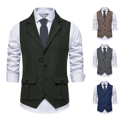 Mens Herringbone Tweed Lapel Wool Waistcoat V-Neck Sleeveless Vest Vintage Tops❃ • $21.06