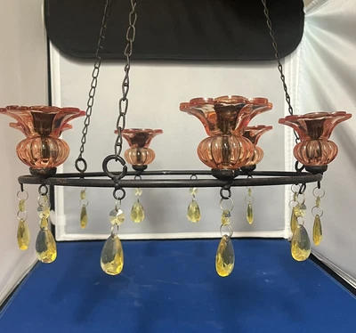 $125 • Buy Vintage  Orange Flower Glass Candelabra Chandelier W/ Yellow Acrylic Crystals
