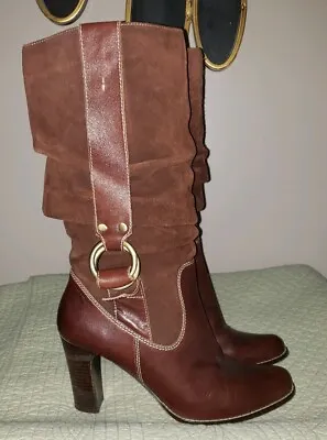 Nine West High Heel Leather Suede Slouchy Harness Boots Brown 9 M Tall Fashion • $80.99