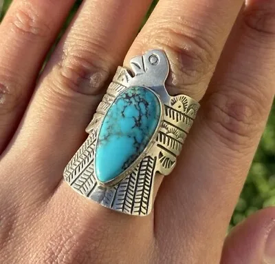 Navajo Sterling Silver Blue Turquoise Thunderbird Ring Russell Sam Gift Size 8 • $198