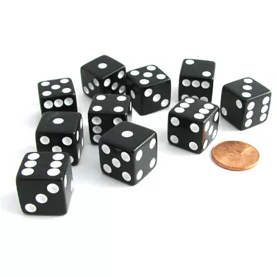 Set Of 10 Six Sided Square Opaque 16mm D6 Dice - Black With White Pip Die • $7.75