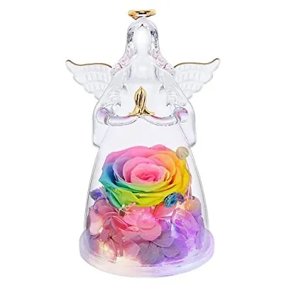 Rose Flower Gifts For HerRainbow Preserved Flower Rose In Glass Angel Figurin... • $21.26