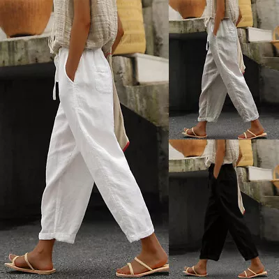 Womens Cotton Linen Harem Pants Elastic Waist Casual Loose Pockets Trousers UK • £3.69