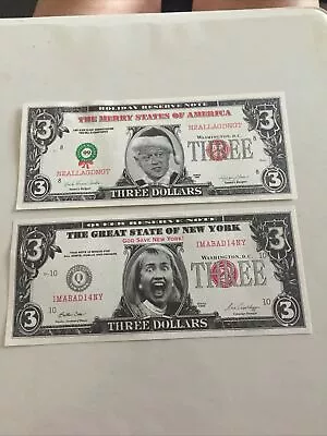 2 Parody $3 Bills: Bill & Hilary Clinton Fake US Dollars Political Humor • $8.99