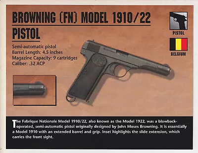 BROWNING (FN) MODEL 1910 / 22 PISTOL Belgium Gun Classic Firearms PHOTO CARD • $10.77