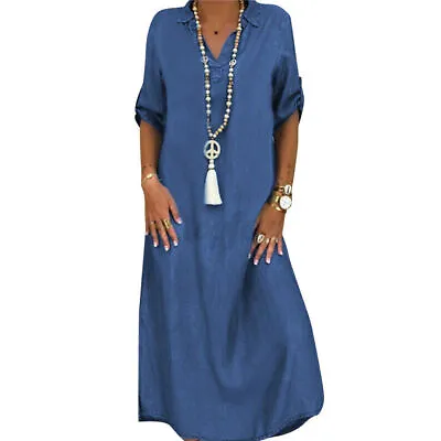 $30.77 • Buy Womens Casual V-Neck Loose Maxi Long Dress Holiday Denim Dresses AU Plus Size