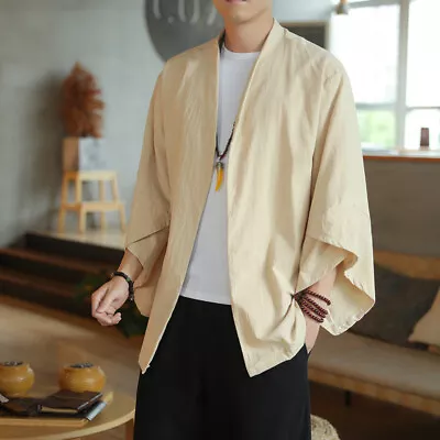 Men Cardigan Kimono Japanese Jacket Coat Yukata Retro Haori Loose Outwear Casual • £35.02