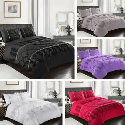 Eleanor Duvet Cover Wth Pillowcase Diamond Pinch Laced Pintuck Quilt Bedding Set • £18.49