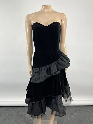 Vintage 80's Party Dress Tiered Prom Velvet Strapless Formal Eveningwear Tulle • $39.99
