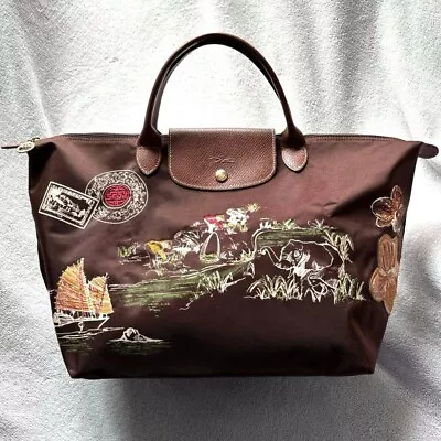 Longchamp Le Pliage Vietnam Pattern Embroidery Tote Bag Brown Nylon Pre-owned • $149.04