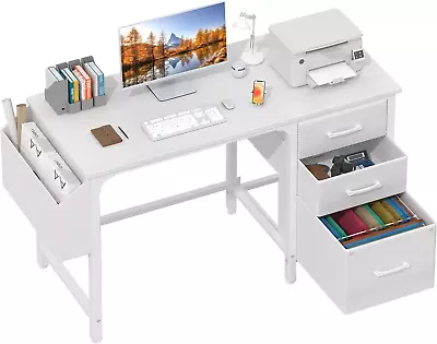 White Computer Desk With File Drawers Cabinet 47 Inch Home Office Desks With Fa • $163.02
