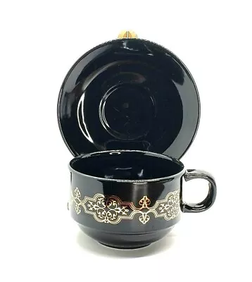 California Pantry Large Breakfast Cappuccino Coffee Cup & Saucer Black W/Gold • £5.78