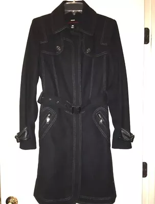 Miss Sixty 60 Wool Blend Black Coat Faux Leather Trim Zip Belt Size M Medium EUC • $49.99