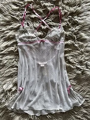 Victoria's Secret Sexy Sheer Gray Pink Lace Slip Gown Pajama Babydoll Lingerie M • $20