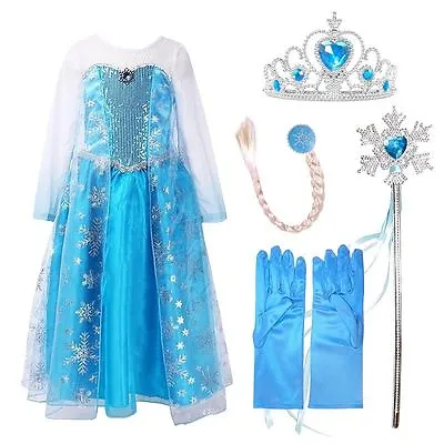 Ice Queen Deluxe Princess Elsa Snowflakes Dress Fancy Costume Girls Dress • £11.87